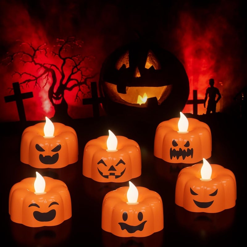 DRomance Halloween Pumpkin Lights Flameless Candles Battery Operated with Timer, 200 Hours Lasting LED Flickering Votive Tealight Candles Spooky Face Halloween Decorations Indoor(6 Pack, 1.9" x 1.6") - Image 1